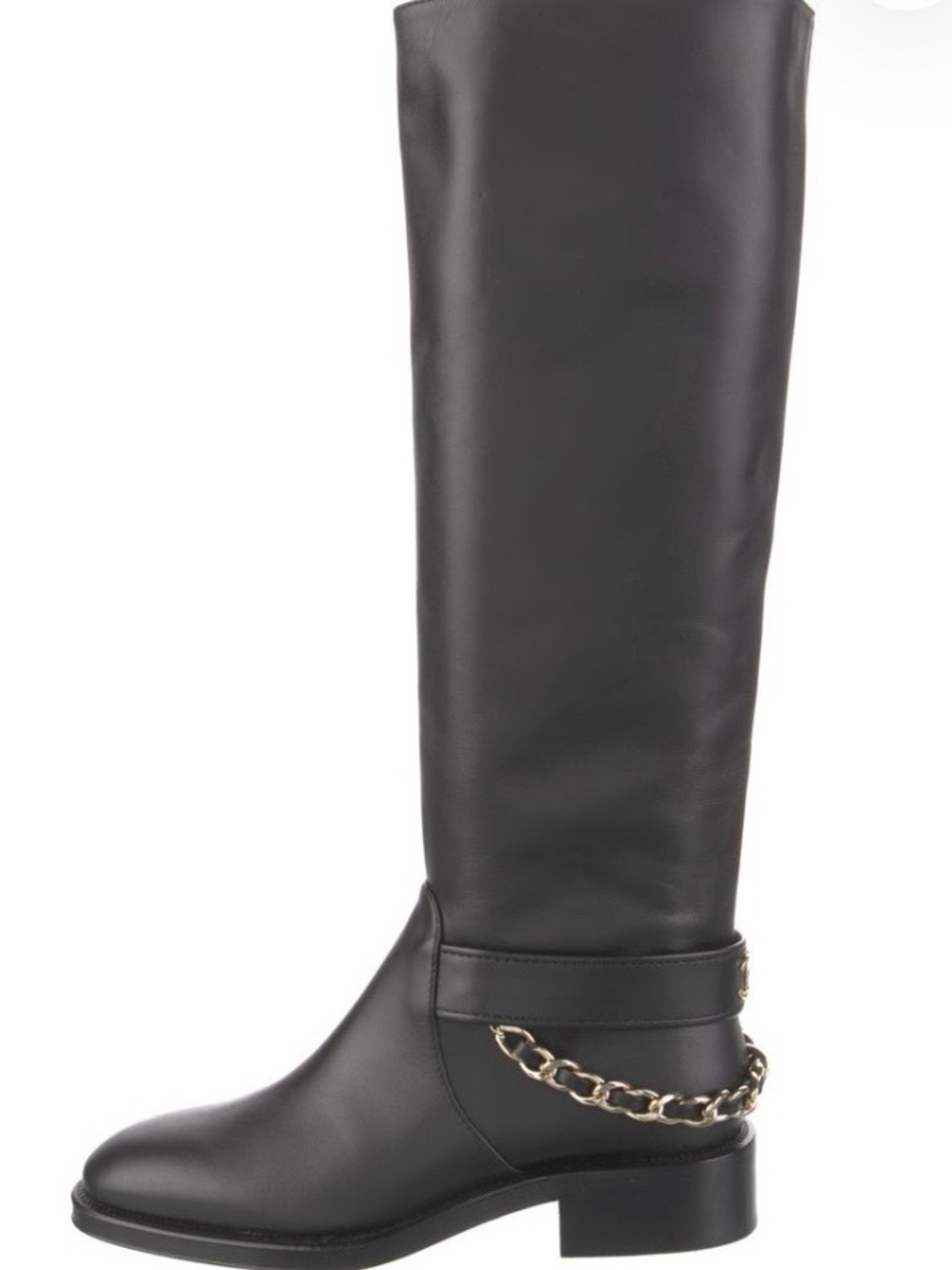 $2150 CHANEL Black Leather Over-the-Knee Boots with Gold Chain & CC logo - Picture 2 of 9